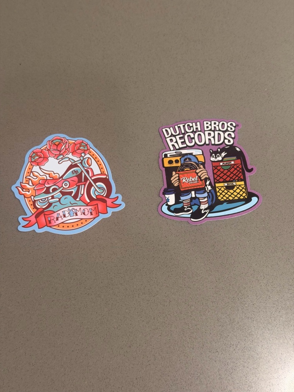 Dutch Bros 2 sticker set with Retro Record and motorcycle with flames